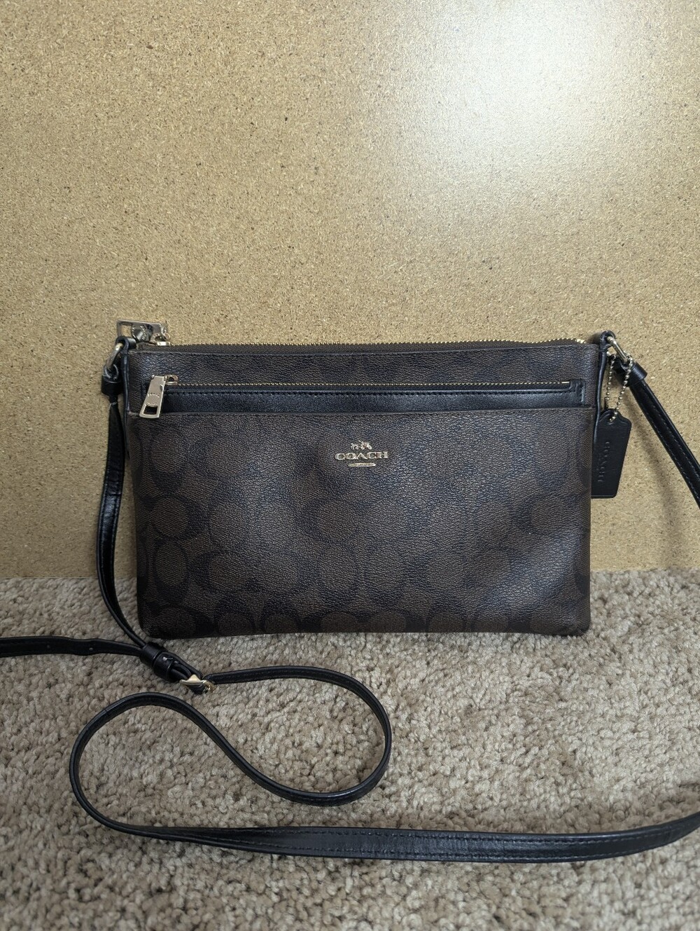 COACH Signature Leather Crossbody Bag Brown Black Canvas Print Zip Pocket Purse